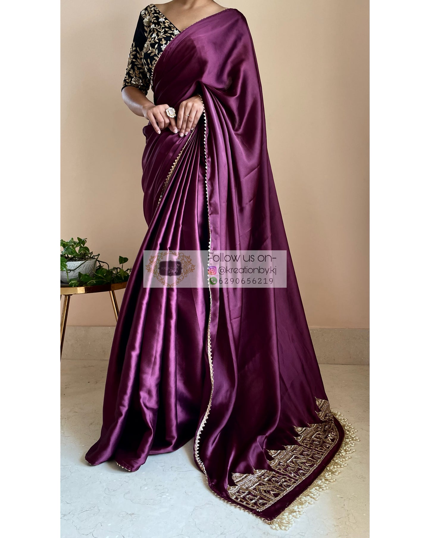 Dark Eggplant Wine Satin Silk Taj Mahal Saree - kreationbykj