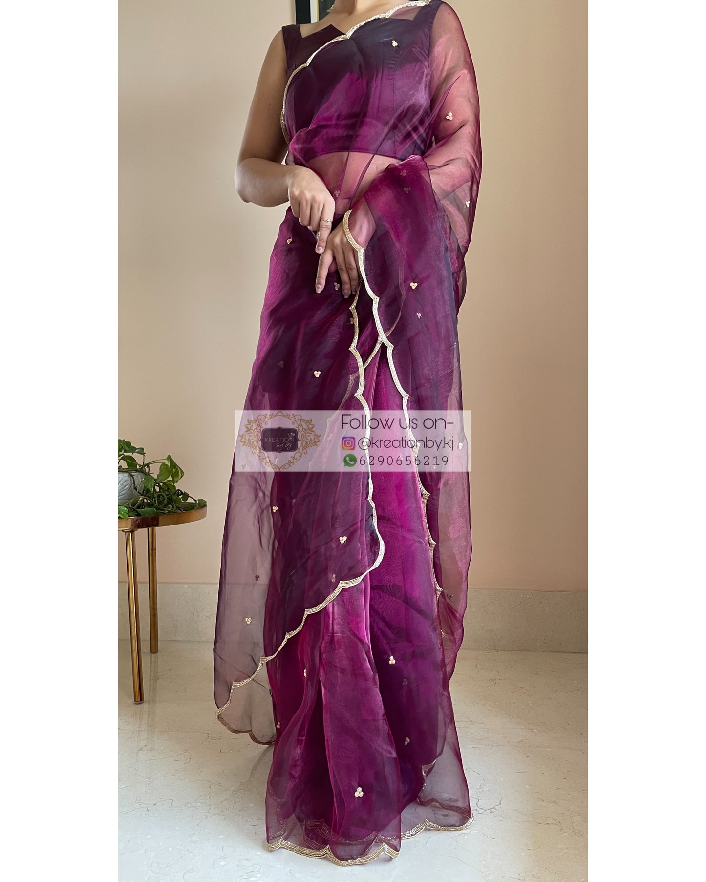 Purple Wine Glass Tissue Saree With Handembroidered Scalloping - kreationbykj