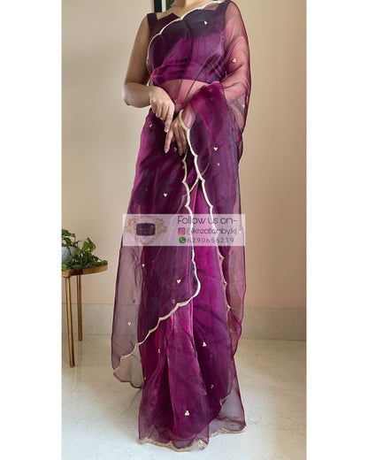 Purple Wine Glass Tissue Saree With Handembroidered Scalloping - kreationbykj