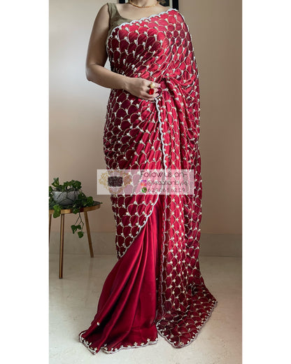 Maroon Georgette Cutdana Mehraab Jaal Saree - kreationbykj