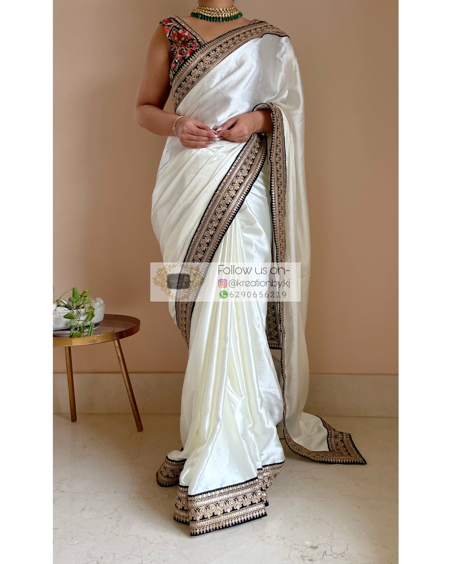 Cream Satin Silk Saree with Navy Border - kreationbykj