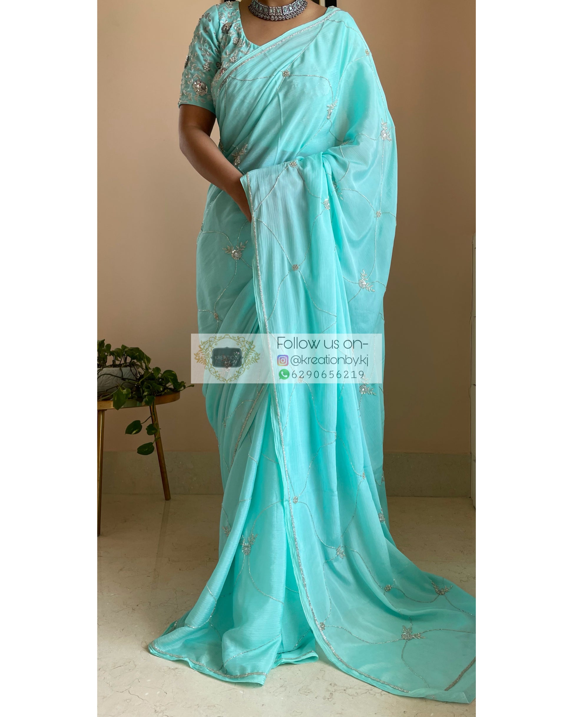 Kashish Turquoise Chinnon Saree - kreationbykj