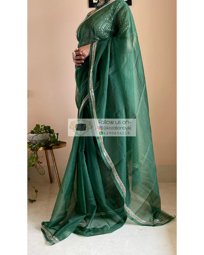 Bottle Green Organza Saree with Heavy Blouse - kreationbykj