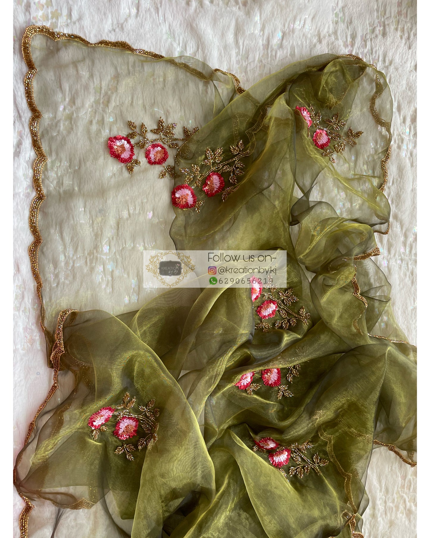 Military Green Rose Dupatta - kreationbykj