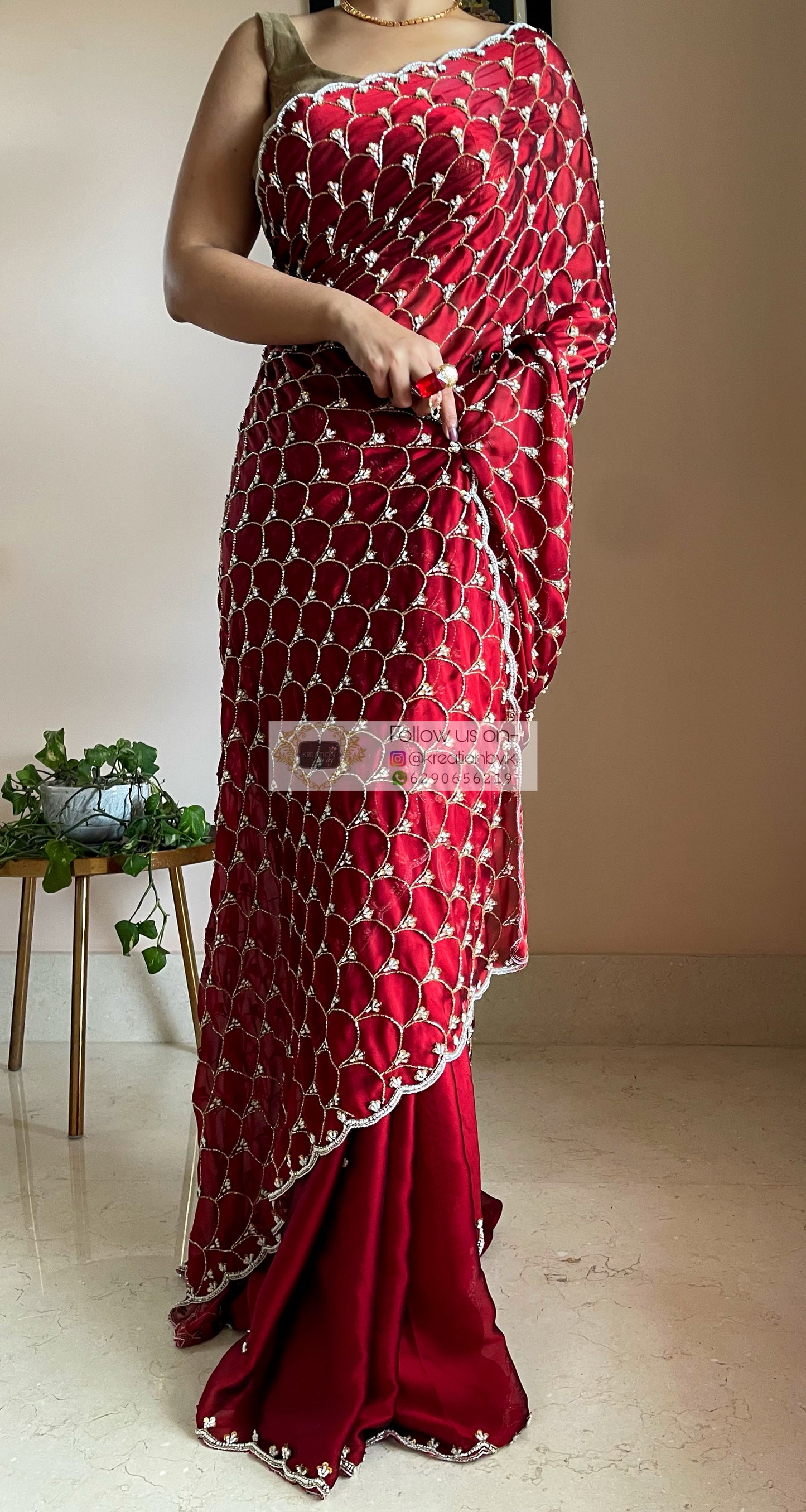 Maroon Georgette Cutdana Mehraab Jaal Saree - kreationbykj