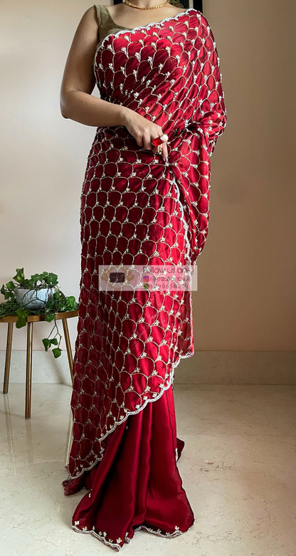 Maroon Georgette Cutdana Mehraab Jaal Saree - kreationbykj