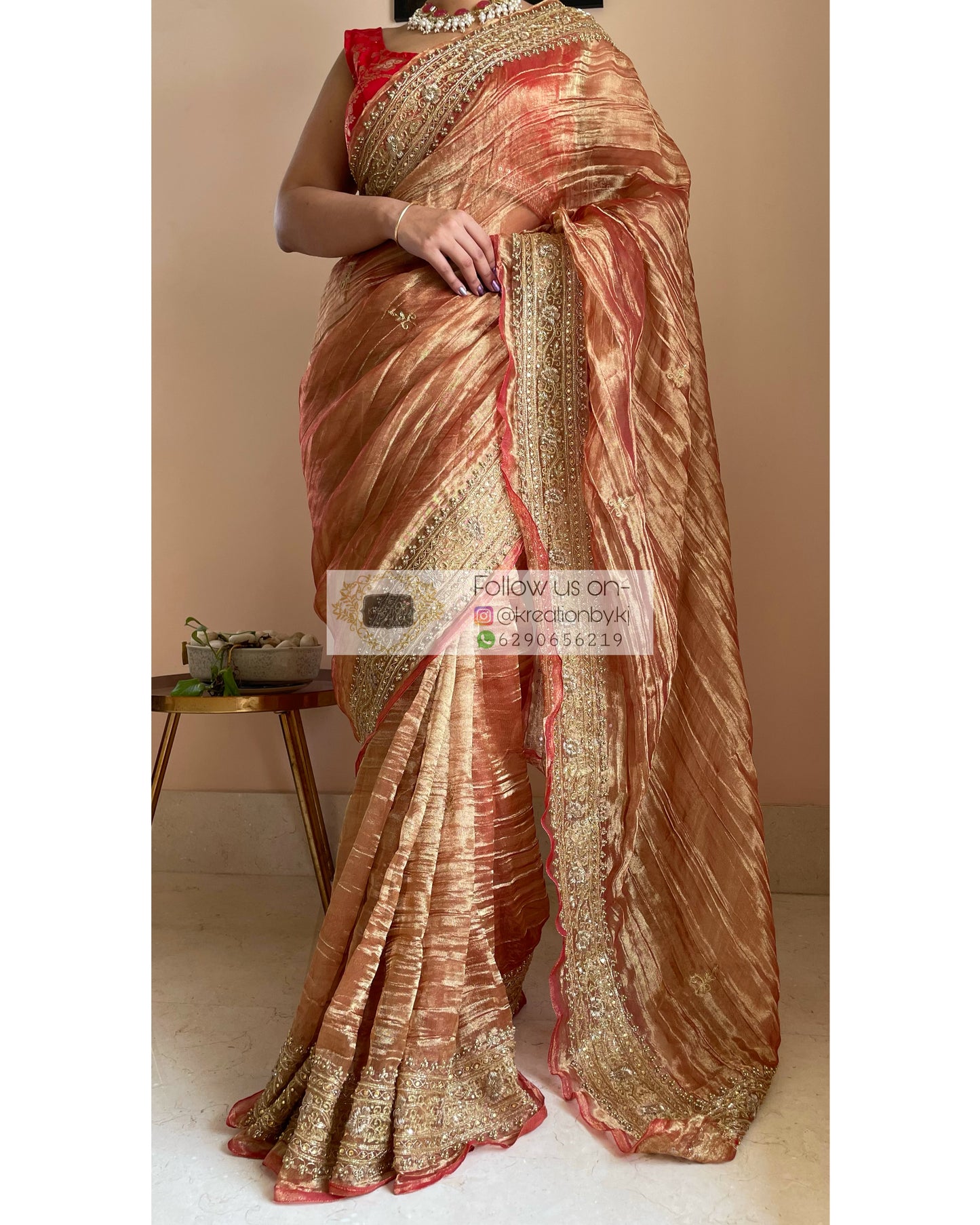 Copper Zari Tissue Zarina Saree - kreationbykj