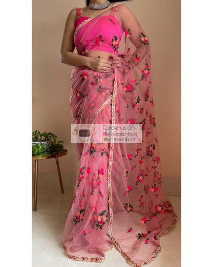 Peach Bouquet of Flowers Net Saree - kreationbykj