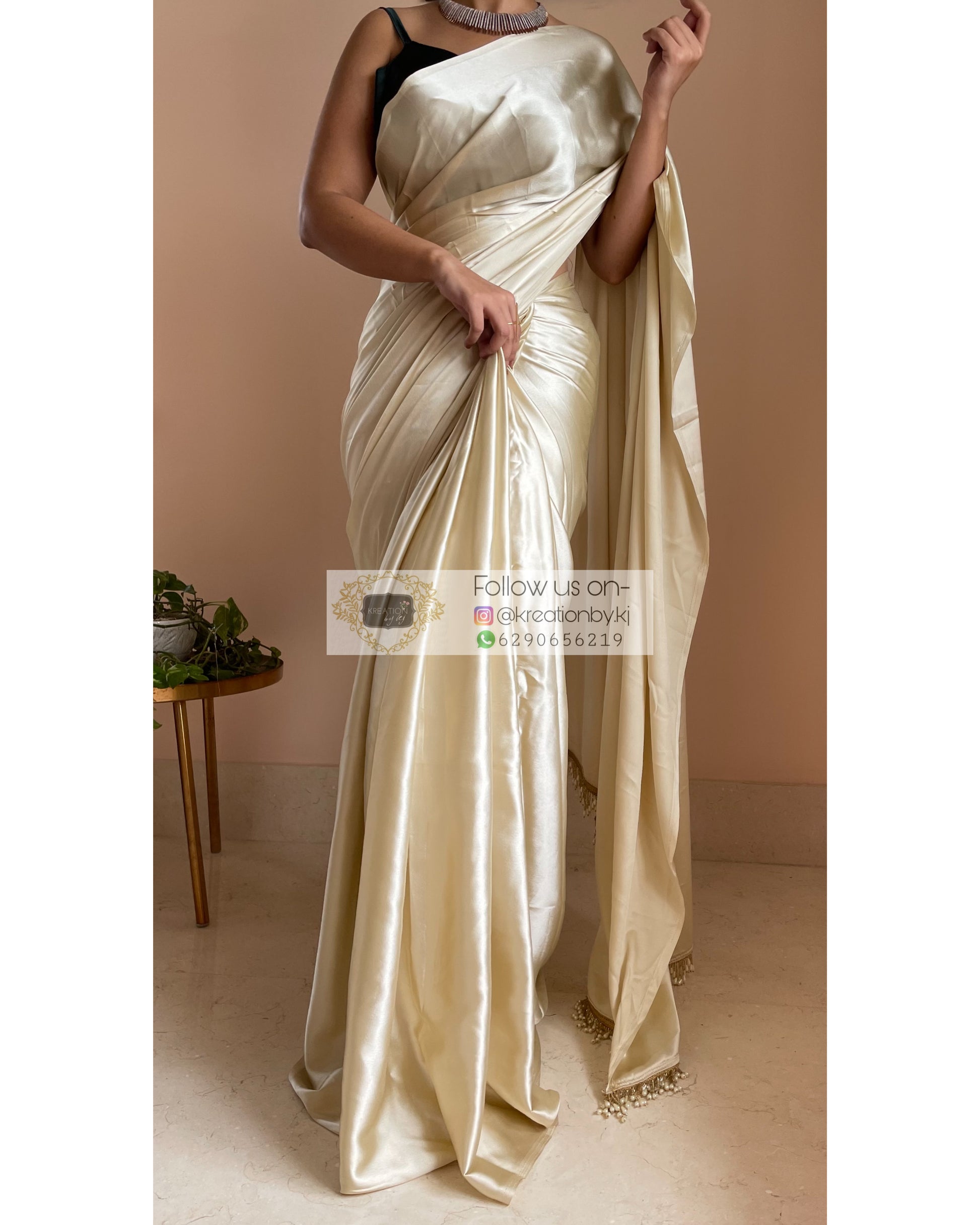 Ivory Satin Silk Saree With Handmade Tassels on Pallu - kreationbykj