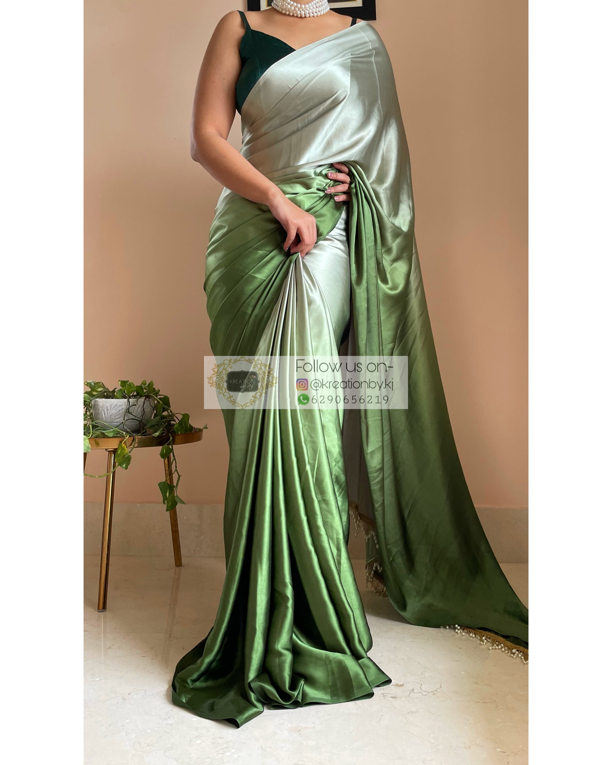 Green Hedge Ombré Satin Silk Saree with Handmade Tassels on Pallu - kreationbykj