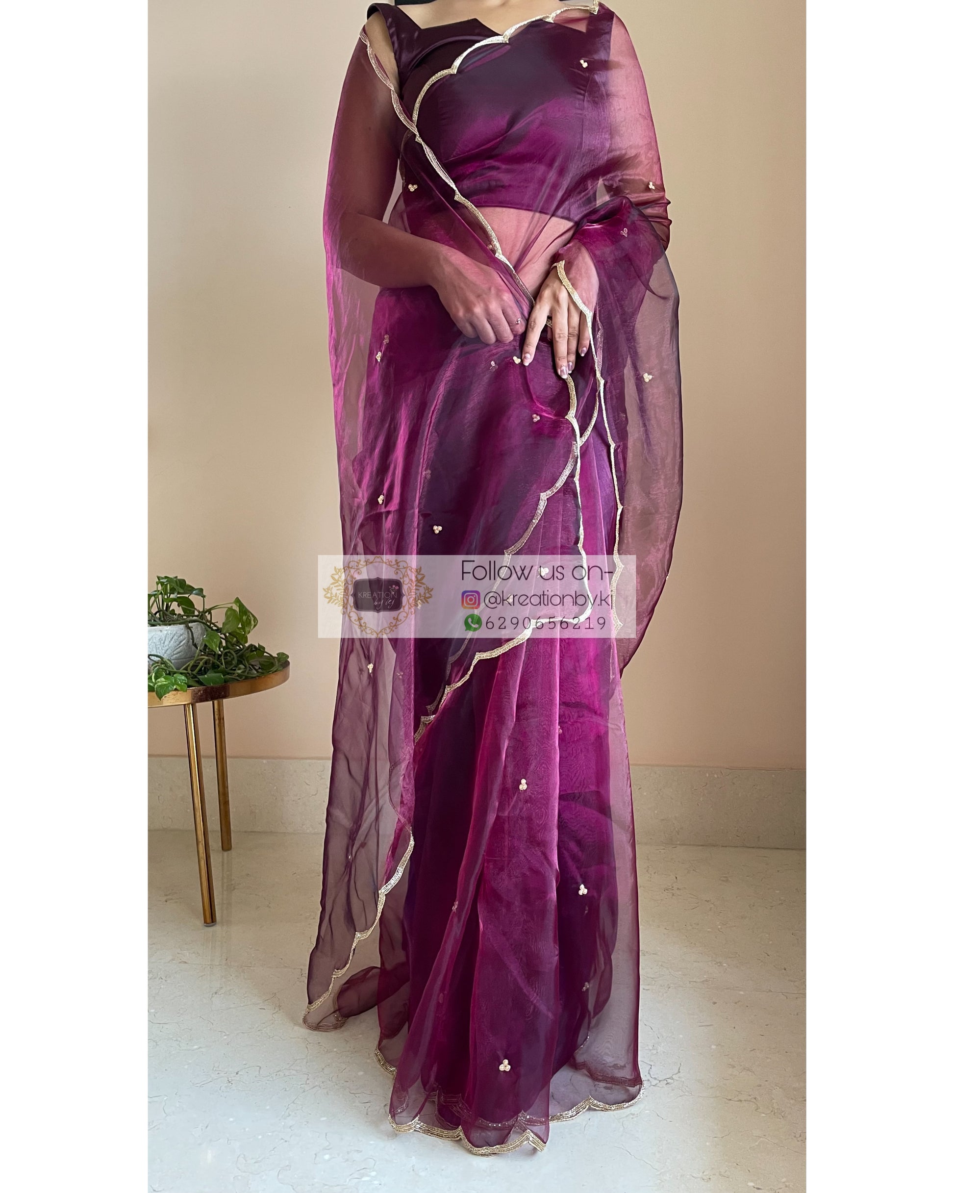 Purple Wine Glass Tissue Saree With Handembroidered Scalloping - kreationbykj