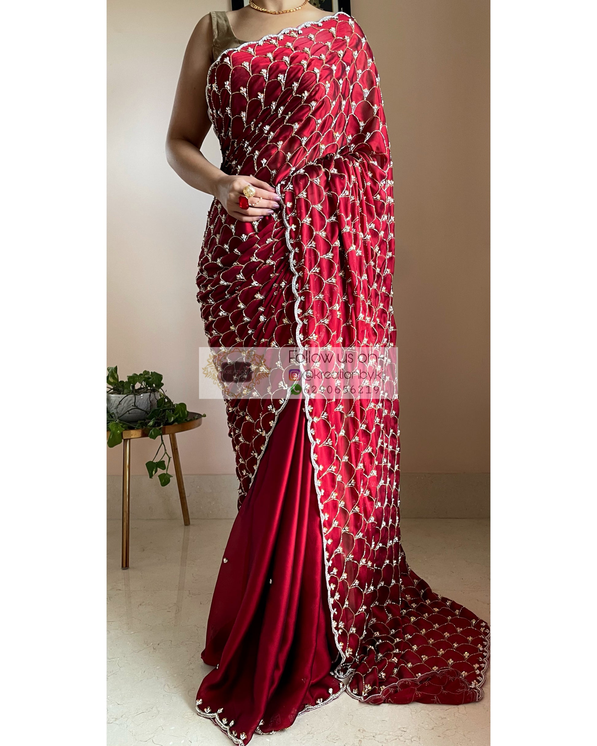 Maroon Georgette Cutdana Mehraab Jaal Saree - kreationbykj