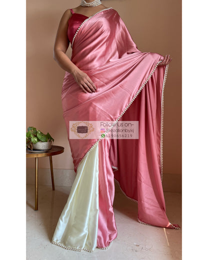 Strawberry Vanilla Two in One Satin Saree - kreationbykj