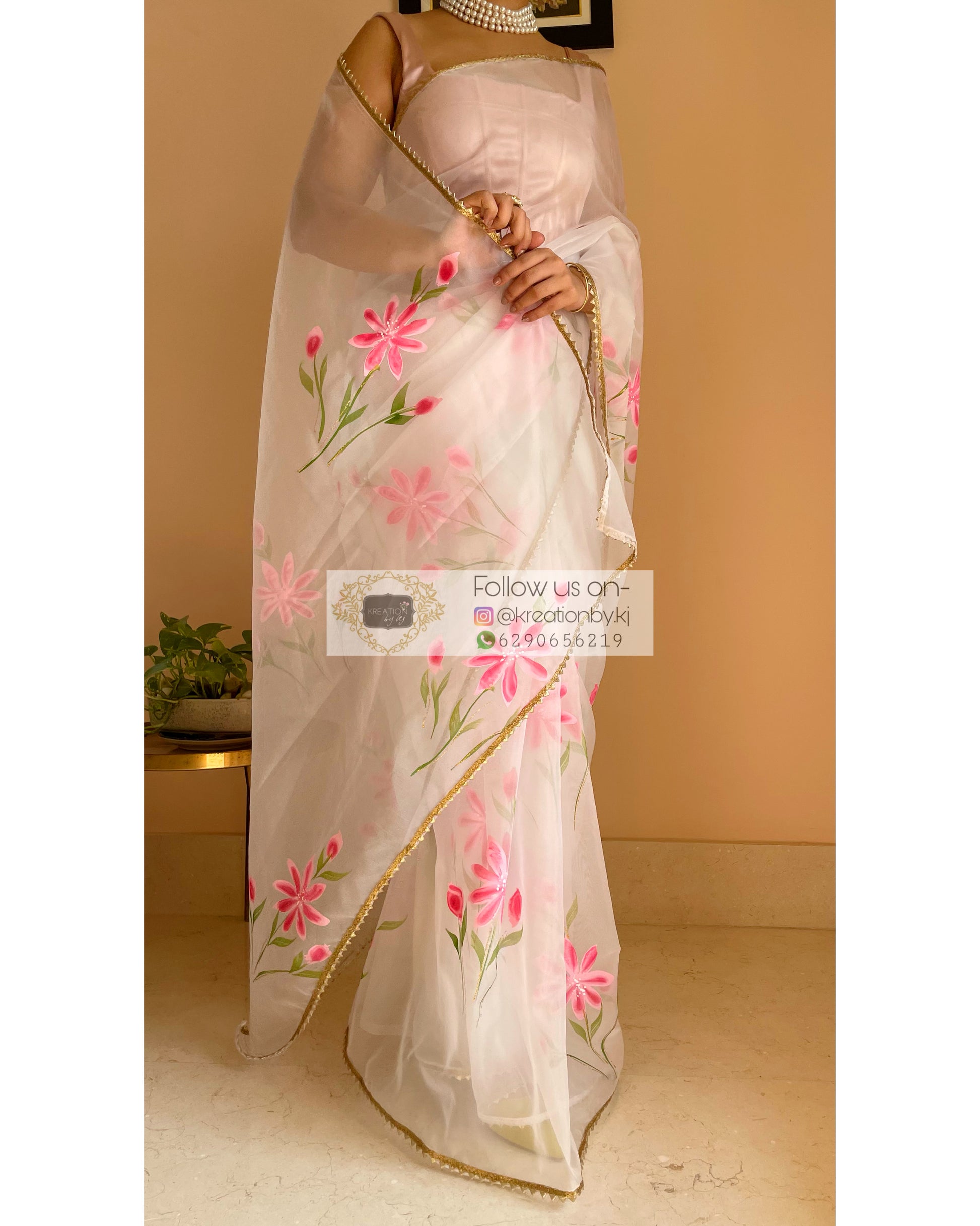 White Floral Organza Saree - kreationbykj