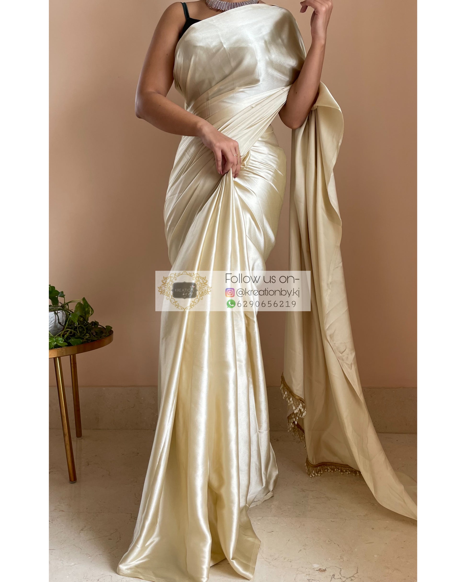 Ivory Satin Silk Saree With Handmade Tassels on Pallu - kreationbykj