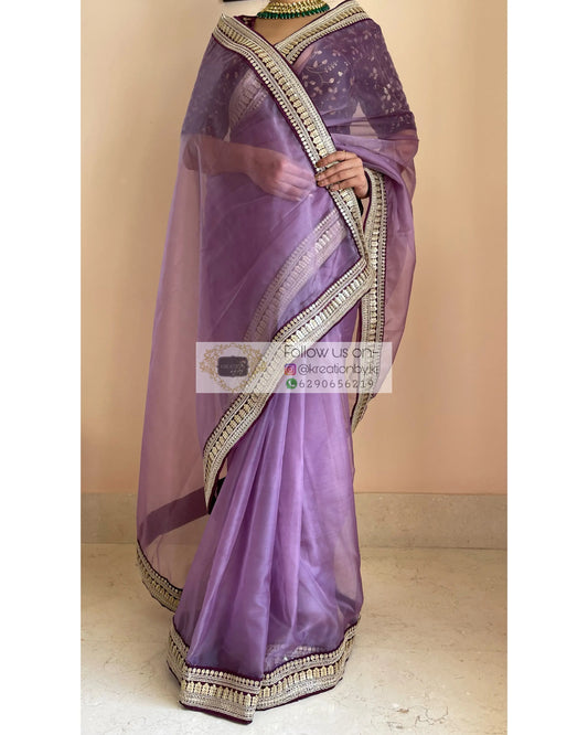 Light Purple Organza Saree with Wine Border - kreationbykj
