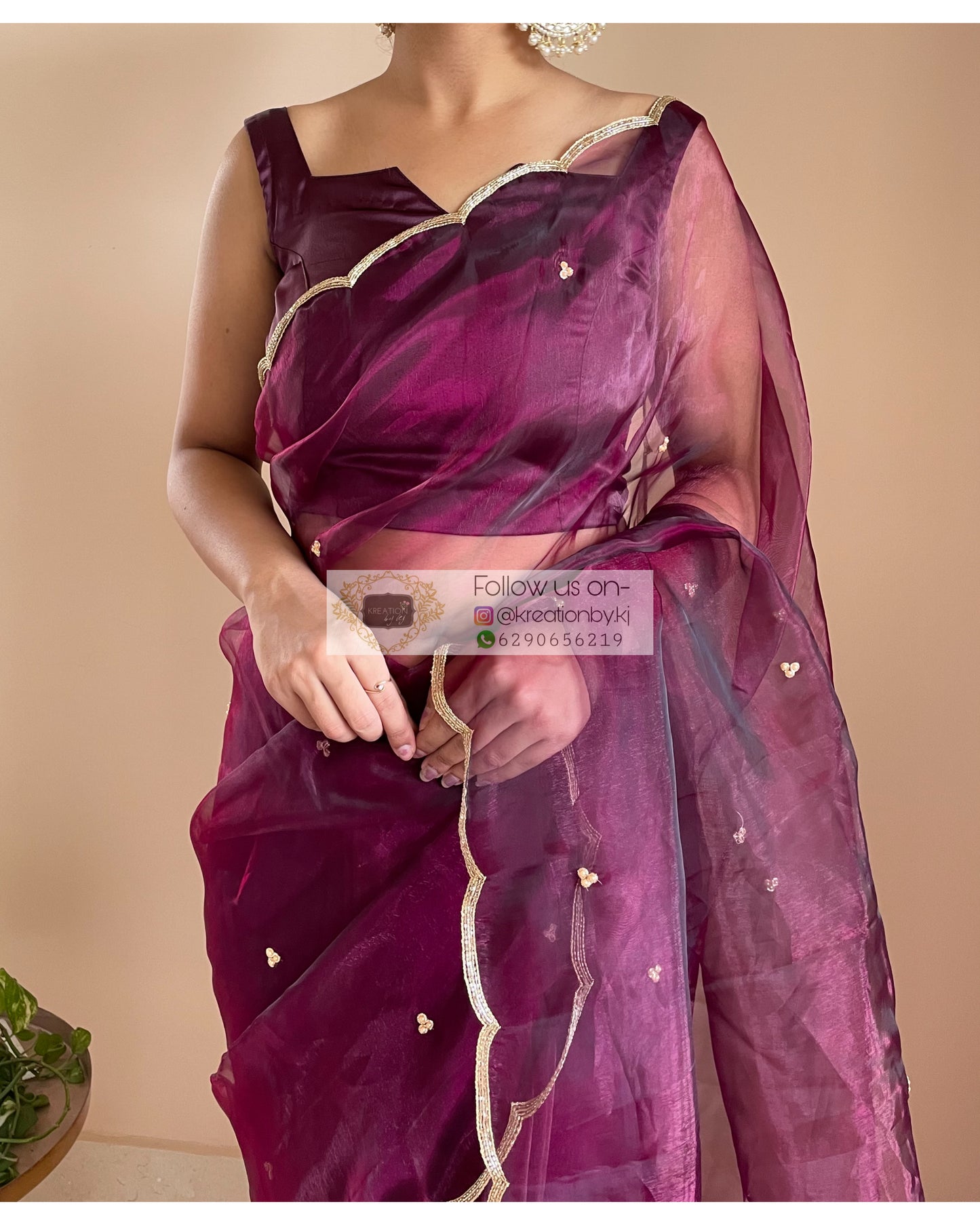 Purple Wine Glass Tissue Saree With Handembroidered Scalloping - kreationbykj