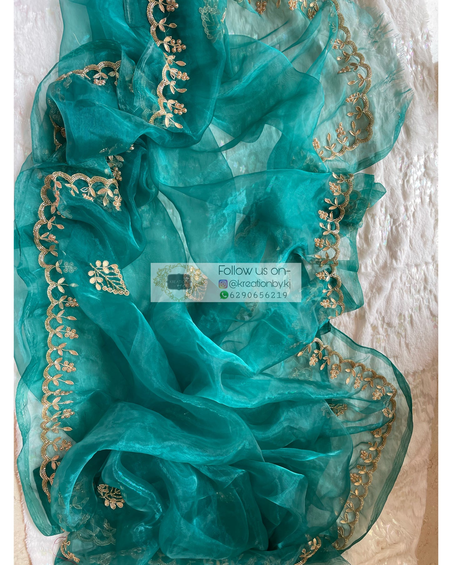 Teal Blue Glass Tissue Dupatta with Gota Patti Border - kreationbykj