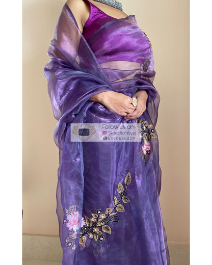 Violet Glass Tissue Saree With Hand Embroidered Floral Motifs - kreationbykj