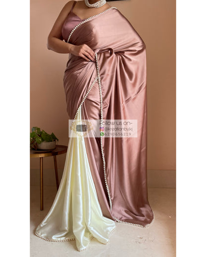 Rose Gold Peonies Two in One Satin Saree - kreationbykj