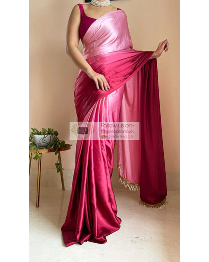 Raspberry Ombré Crepe Silk Saree with Handmade Tassels on Pallu - kreationbykj