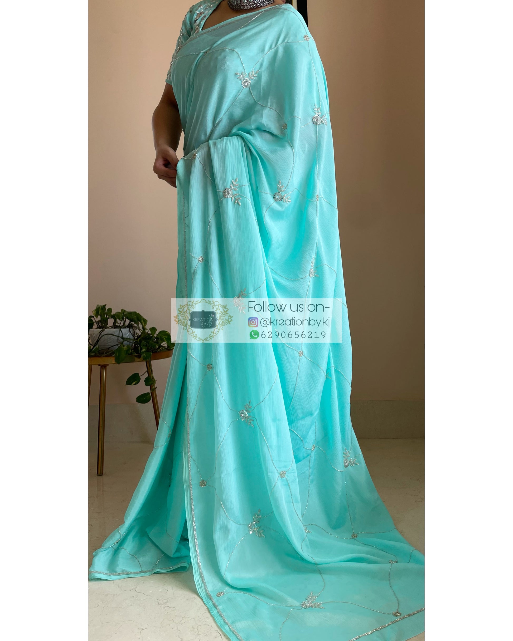 Kashish Turquoise Chinnon Saree - kreationbykj