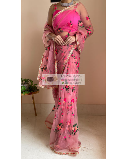 Peach Bouquet of Flowers Net Saree - kreationbykj