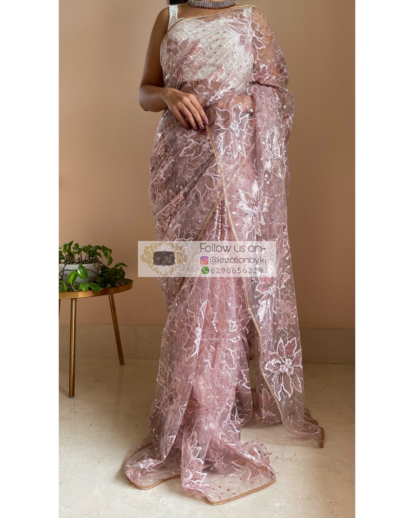 Pale Pink Floral Net Saree - kreationbykj