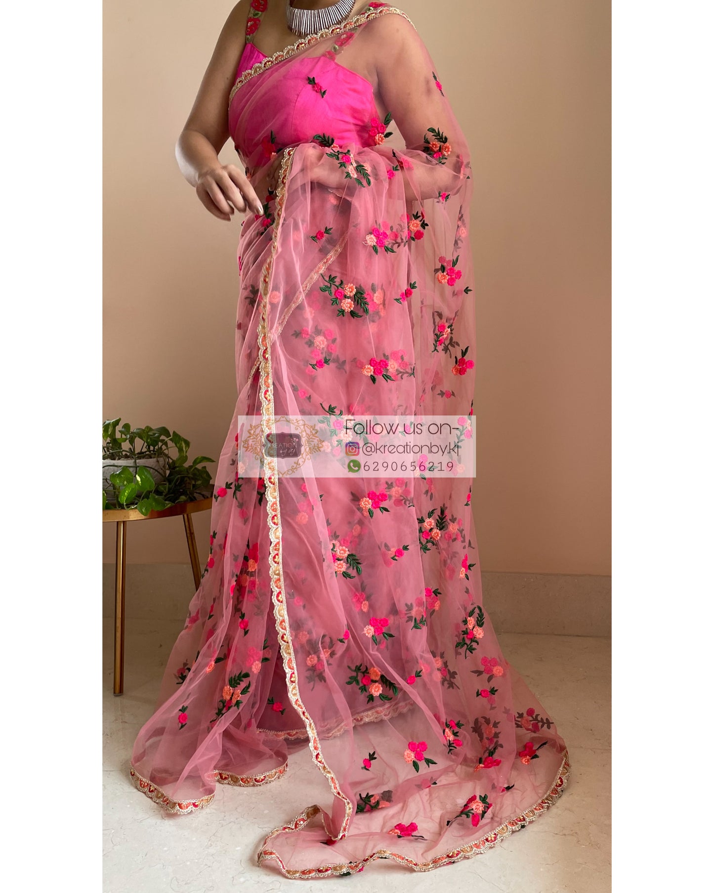 Peach Bouquet of Flowers Net Saree - kreationbykj