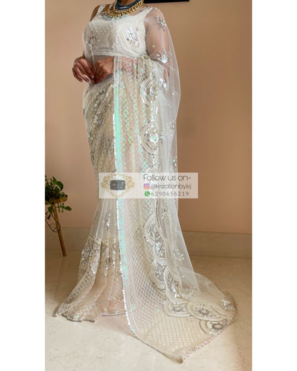 White Noor Net Saree - kreationbykj