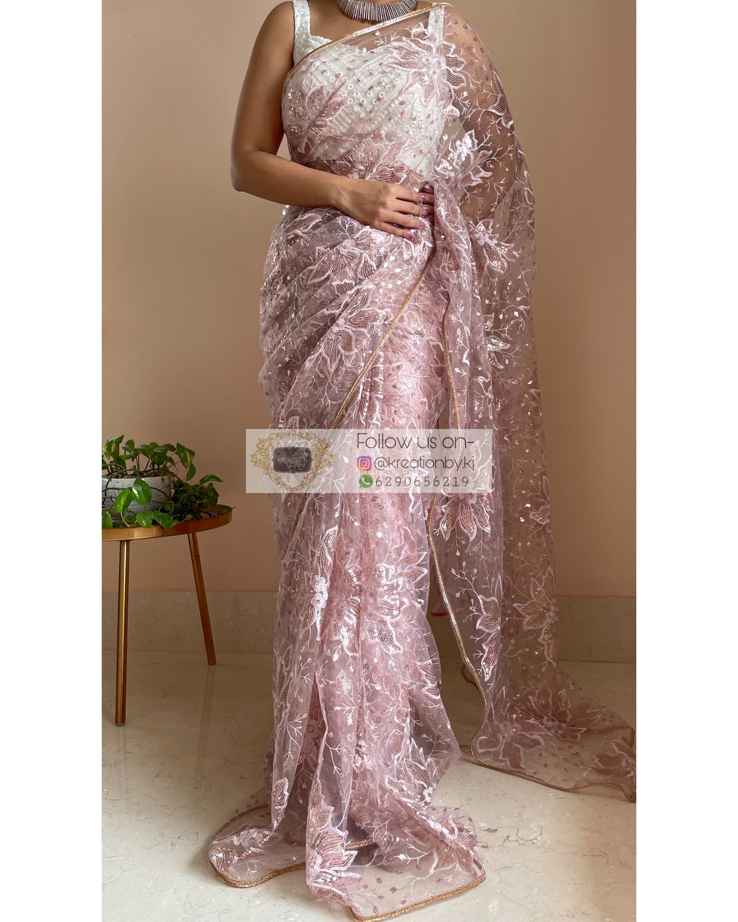 Pale Pink Floral Net Saree - kreationbykj