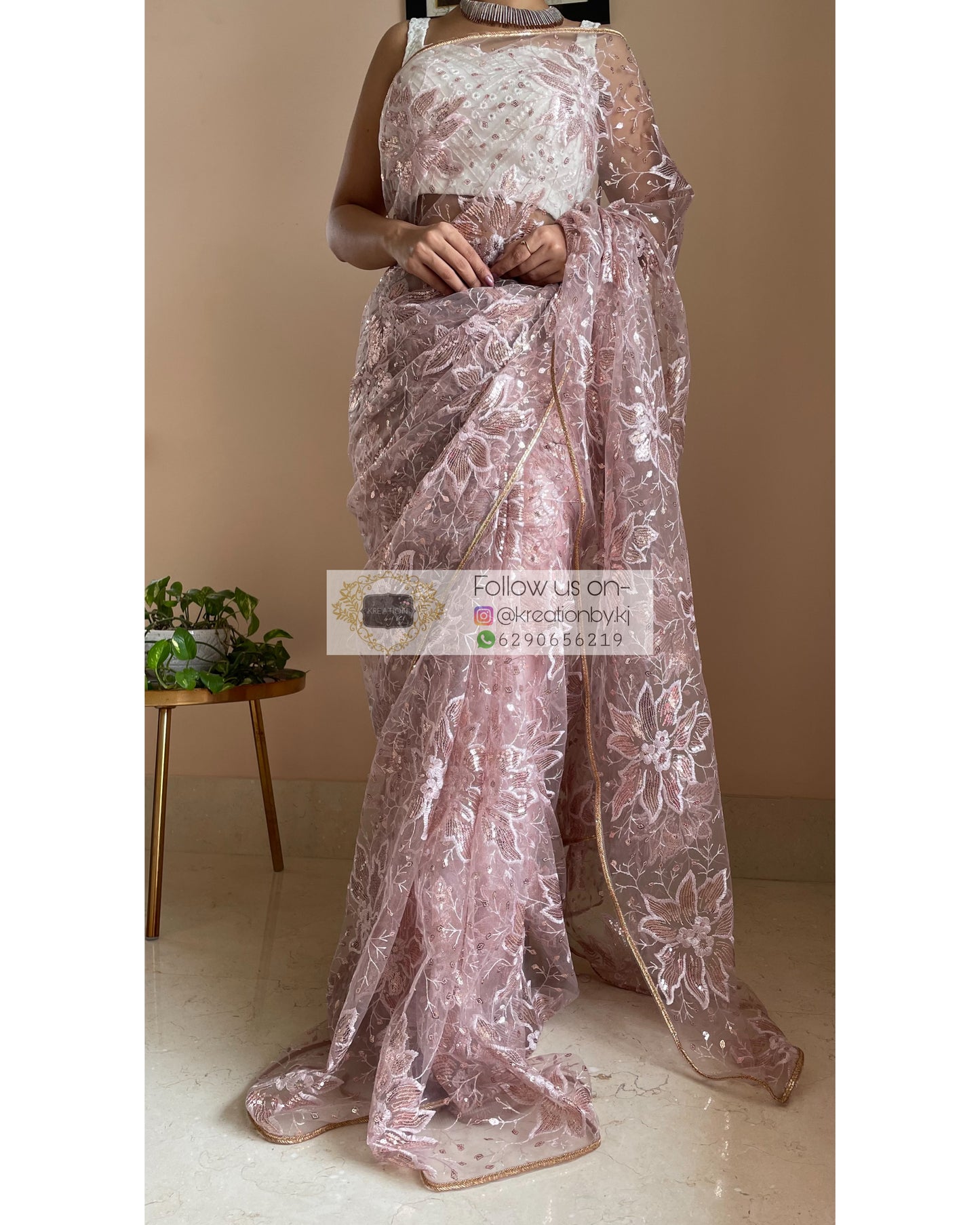 Pale Pink Floral Net Saree - kreationbykj