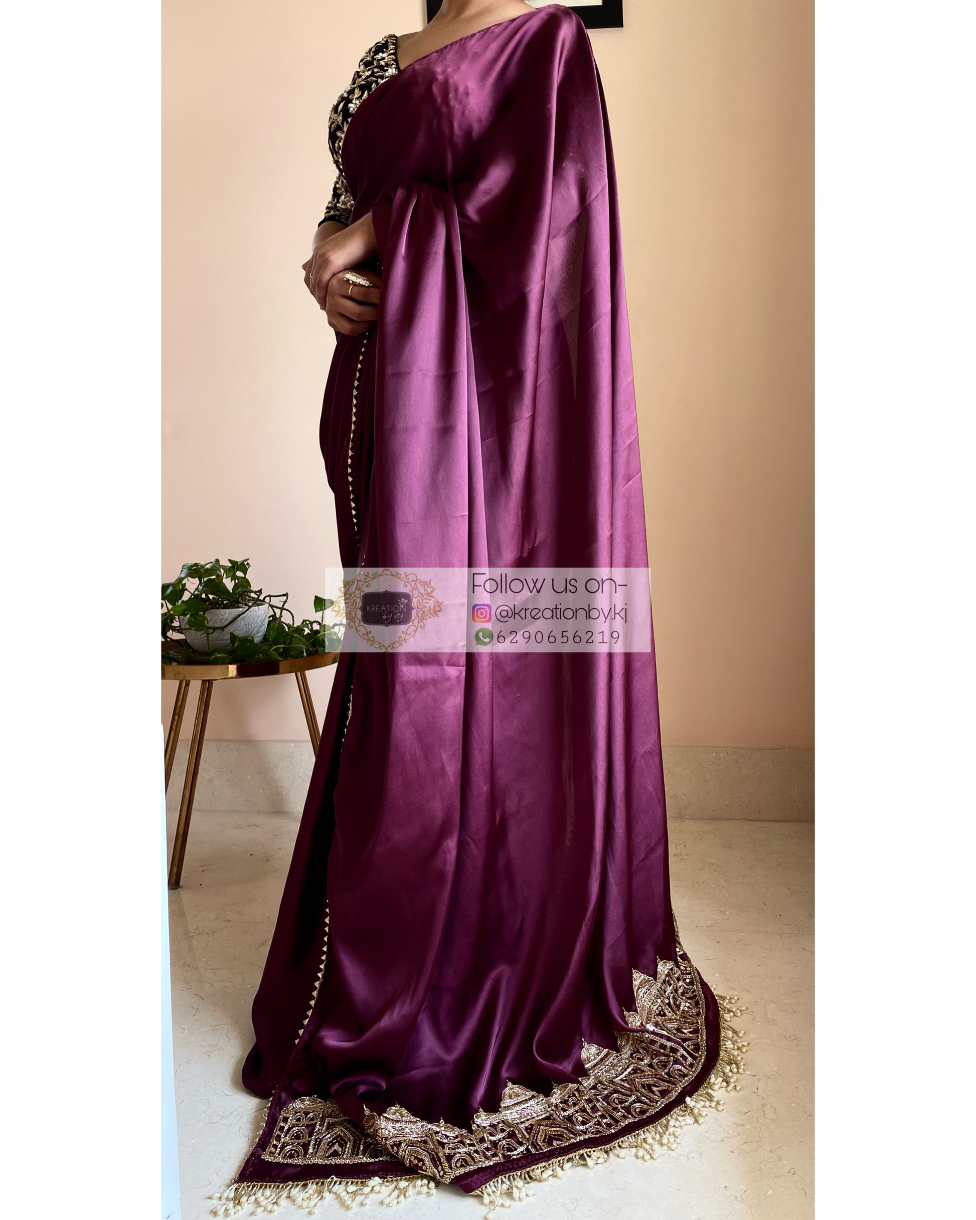 Dark Eggplant Wine Satin Silk Taj Mahal Saree - kreationbykj