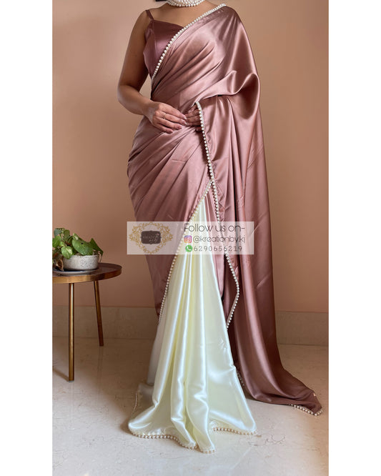 Rose Gold Peonies Two in One Satin Saree - kreationbykj