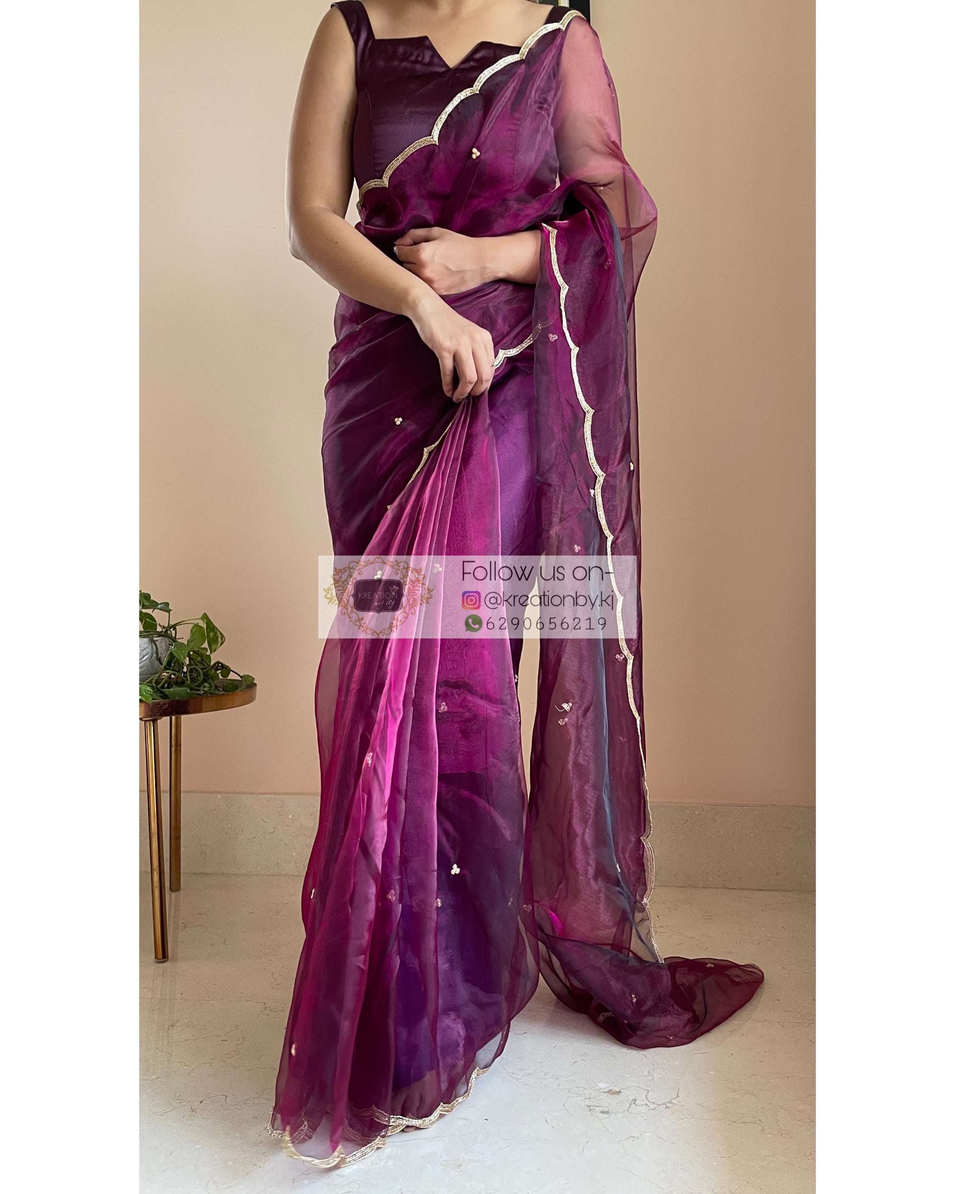 Purple Wine Glass Tissue Saree With Handembroidered Scalloping - kreationbykj