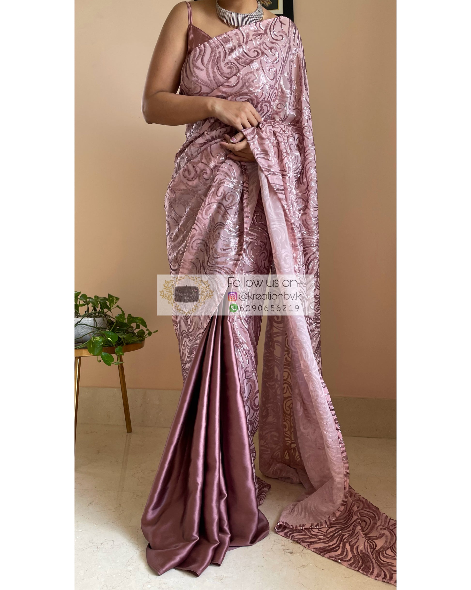 Rose Gold Sequins Half Saree - kreationbykj