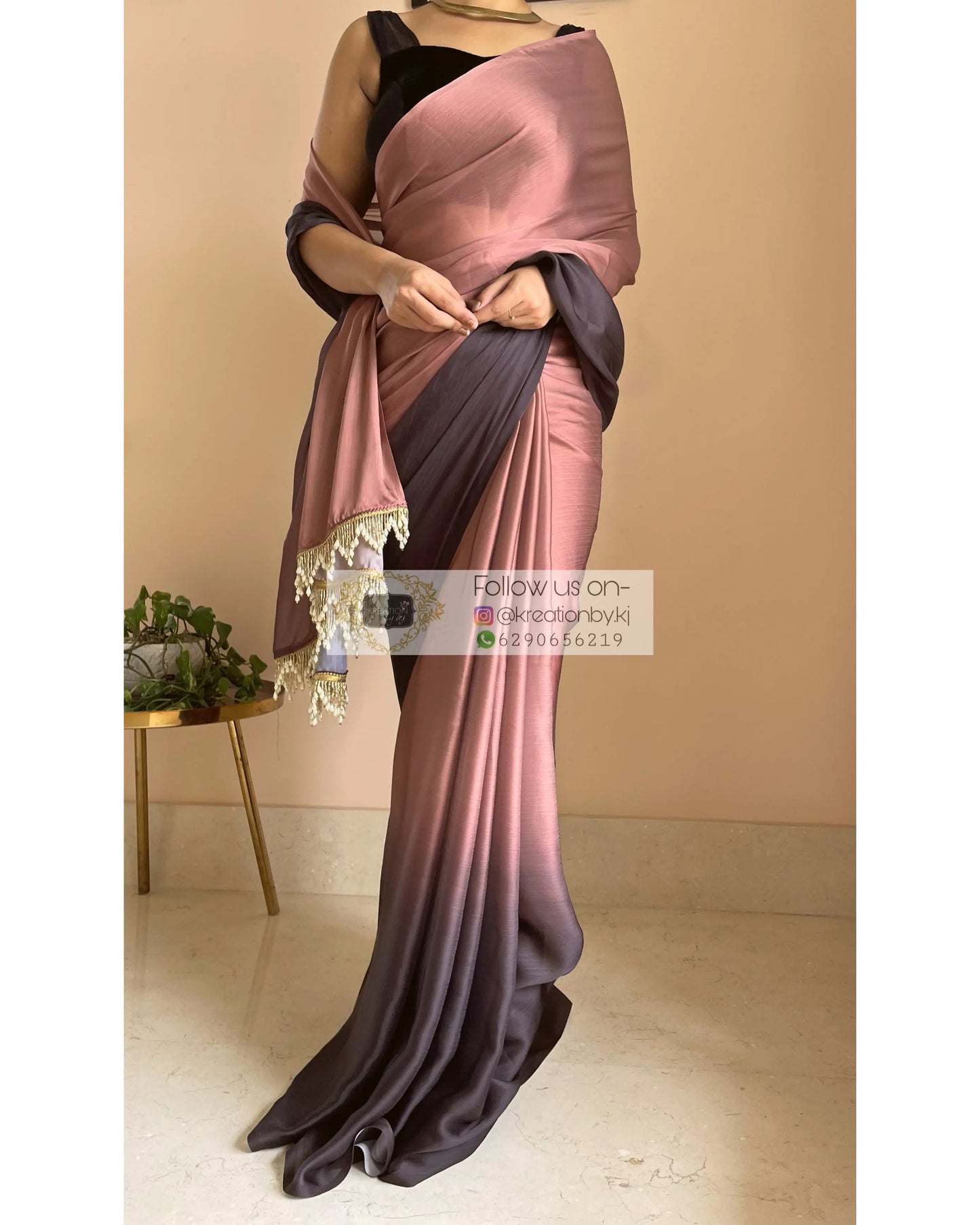 Chai Coffee Ombré Crepe Silk Saree with Handmade Tassels on Pallu - kreationbykj