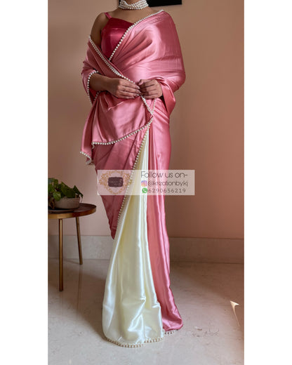 Strawberry Vanilla Two in One Satin Saree - kreationbykj