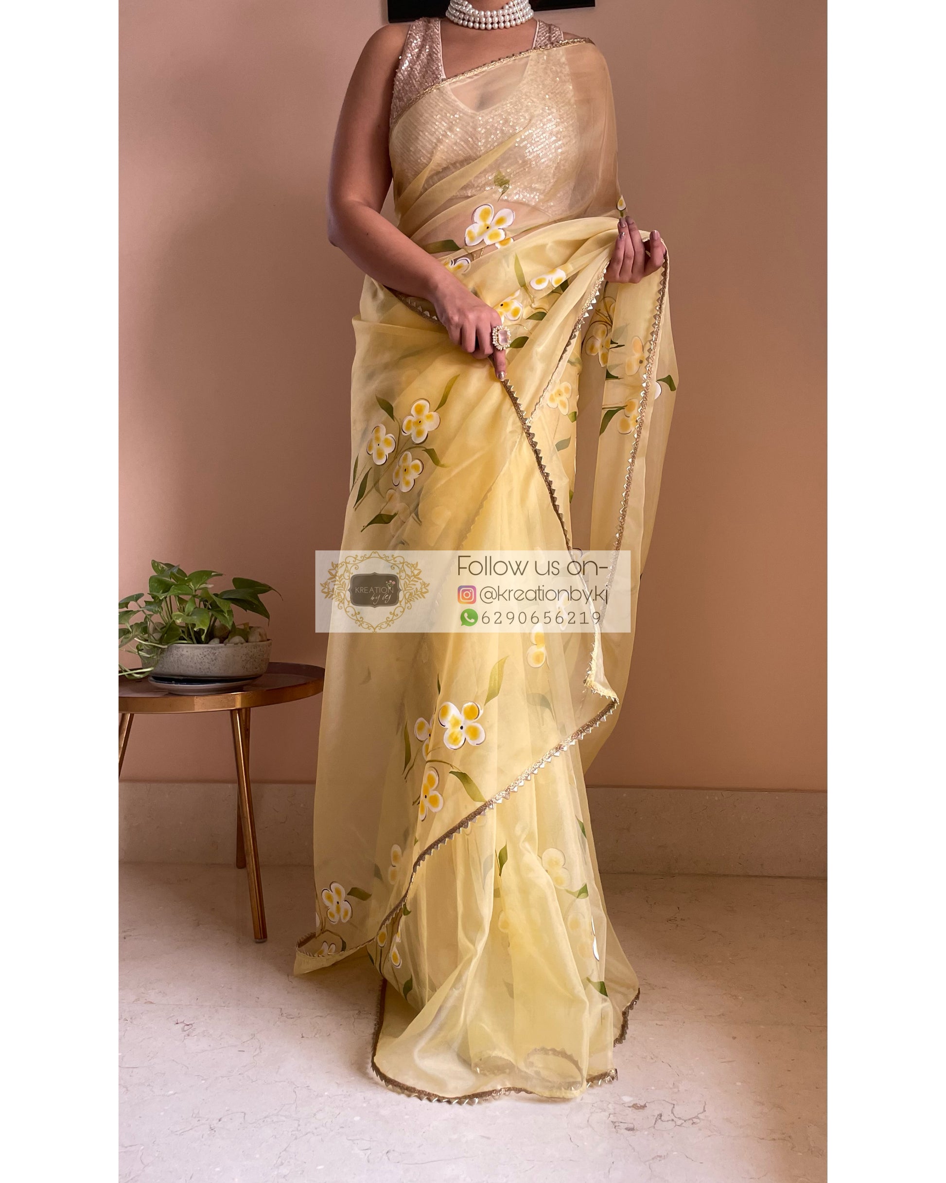 Pastel Yellow Floral Organza Saree - kreationbykj