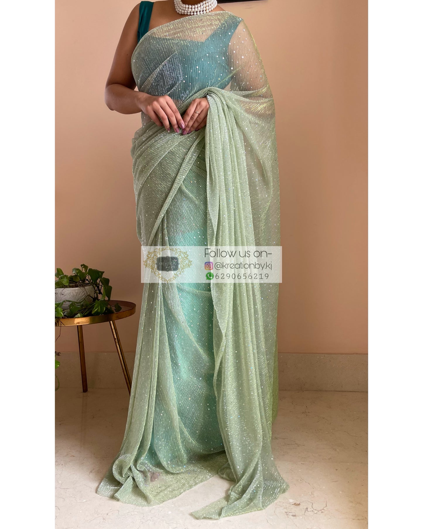 Pastel Green Pleated Shimmer Saree - kreationbykj