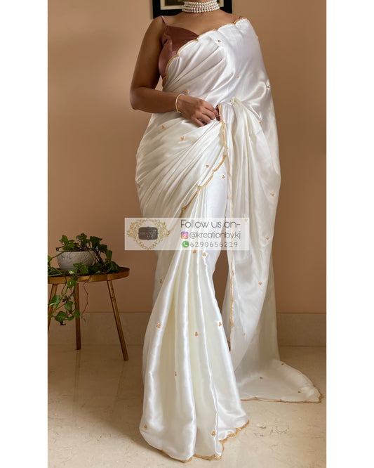 Cream Satin Silk Saree with Handembroidered Scalloping - kreationbykj