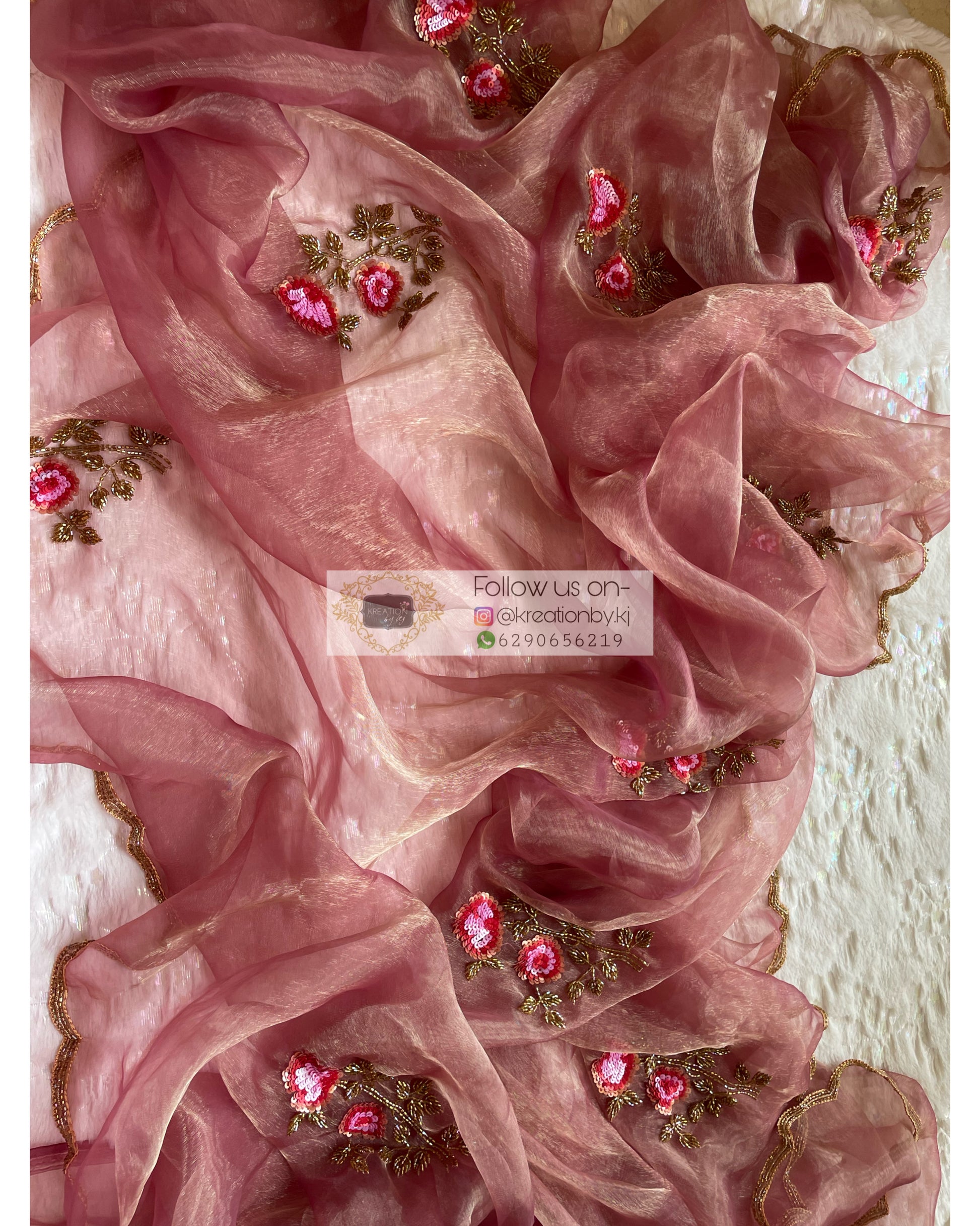 Remember the Roses Rose Beige Glass Tissue Saree - kreationbykj