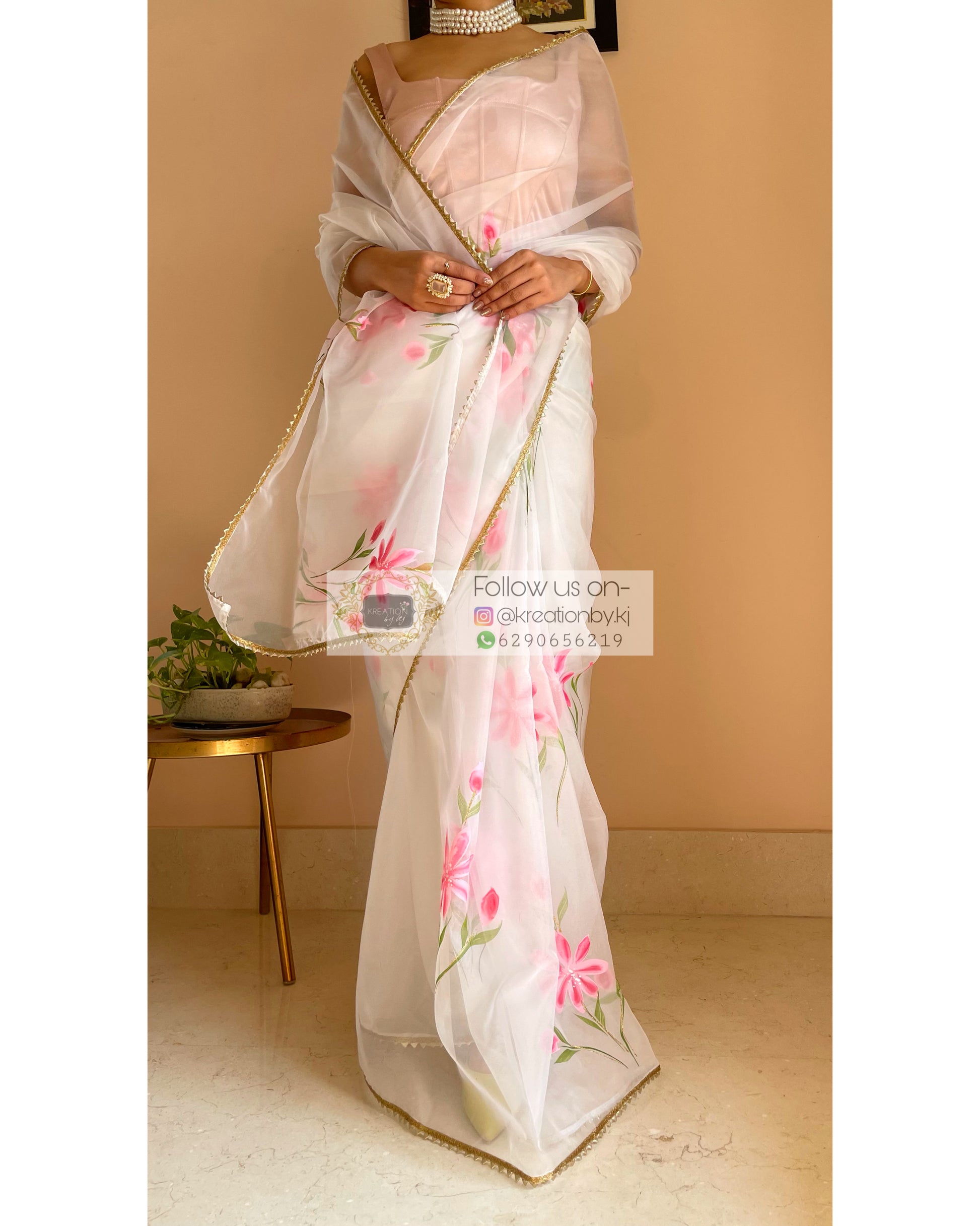 White Floral Organza Saree - kreationbykj