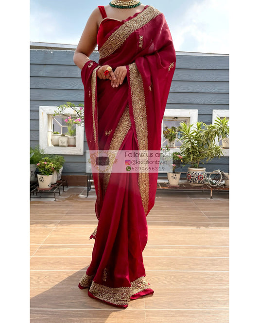 Zarina Maroon Crepe Silk Saree - kreationbykj
