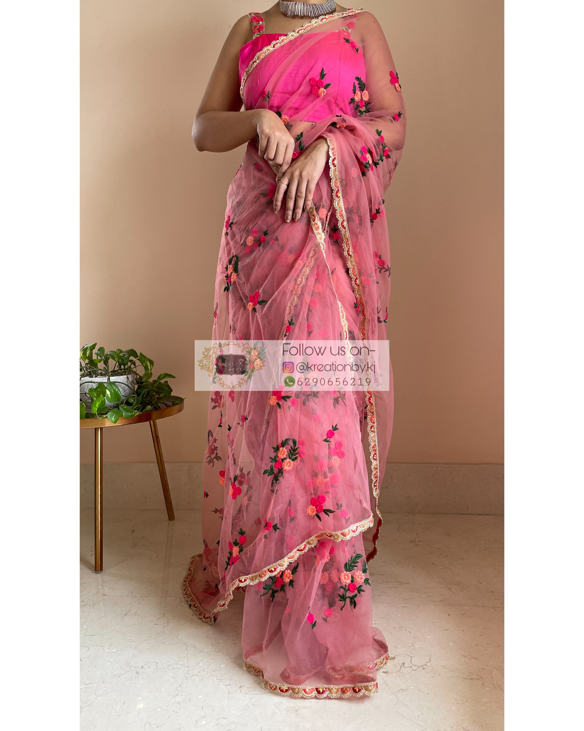 Peach Bouquet of Flowers Net Saree - kreationbykj