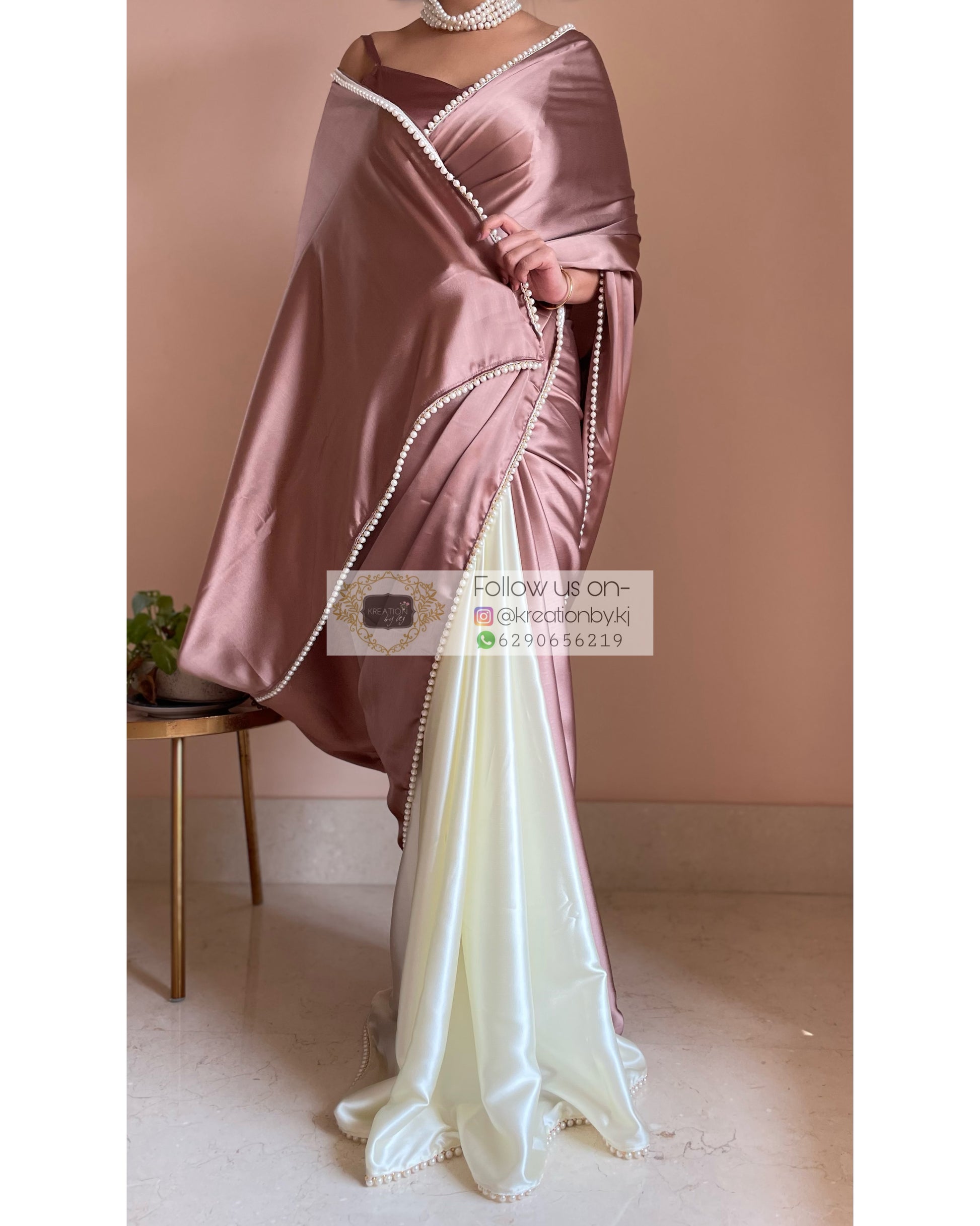 Rose Gold Peonies Two in One Satin Saree - kreationbykj