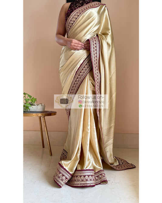 Ivory  Satin Saree with Wine Border - kreationbykj