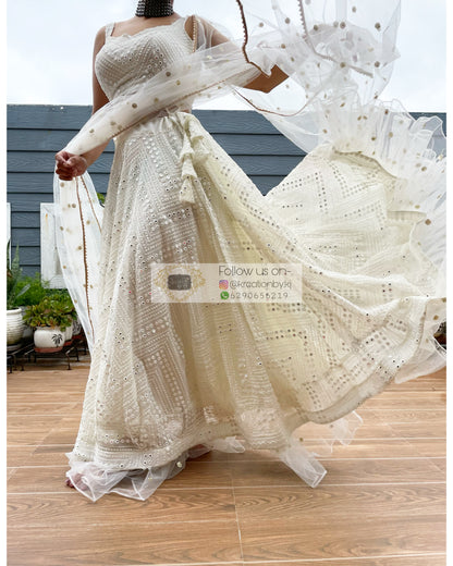 White Sheesh Mahal Lehenga Set - kreationbykj