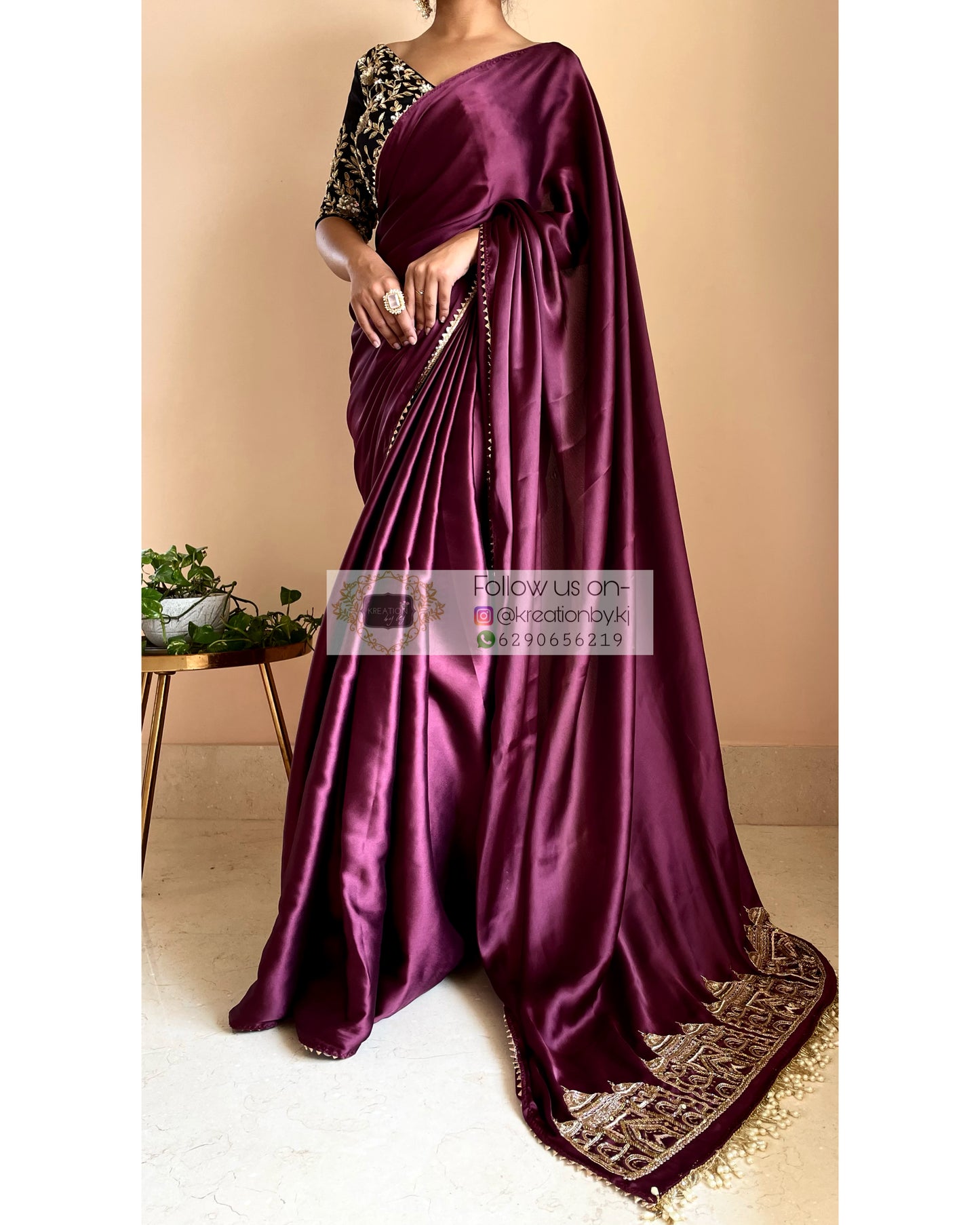 Dark Eggplant Wine Satin Silk Taj Mahal Saree - kreationbykj