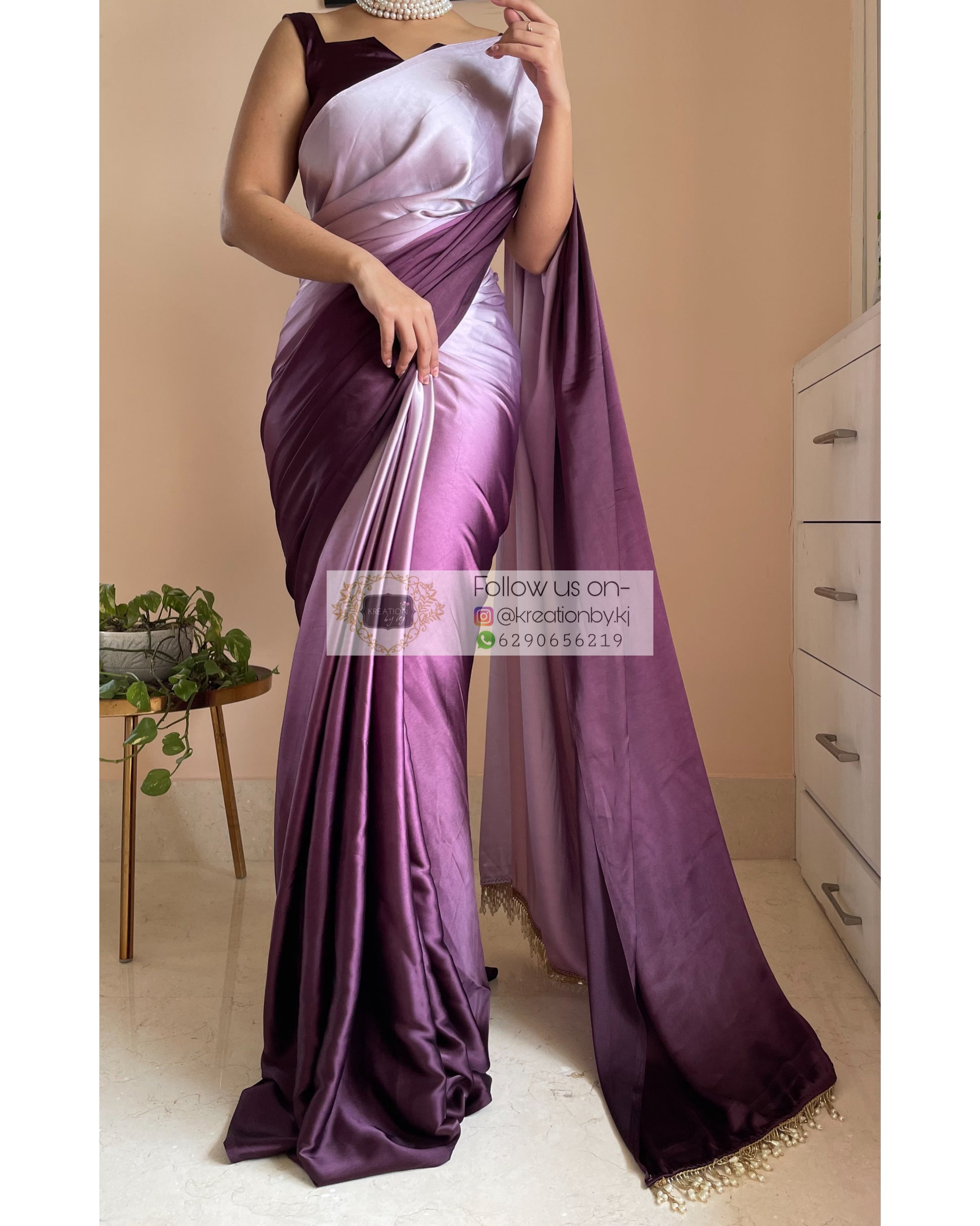 Black Currant Ombré Crepe  Silk Saree with Handmade Tassels on Pallu - kreationbykj